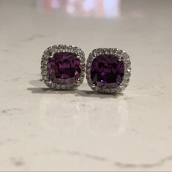 925 Silver Amethyst & Sapphire Halo Cut Earrings - Picture 8 of 12
